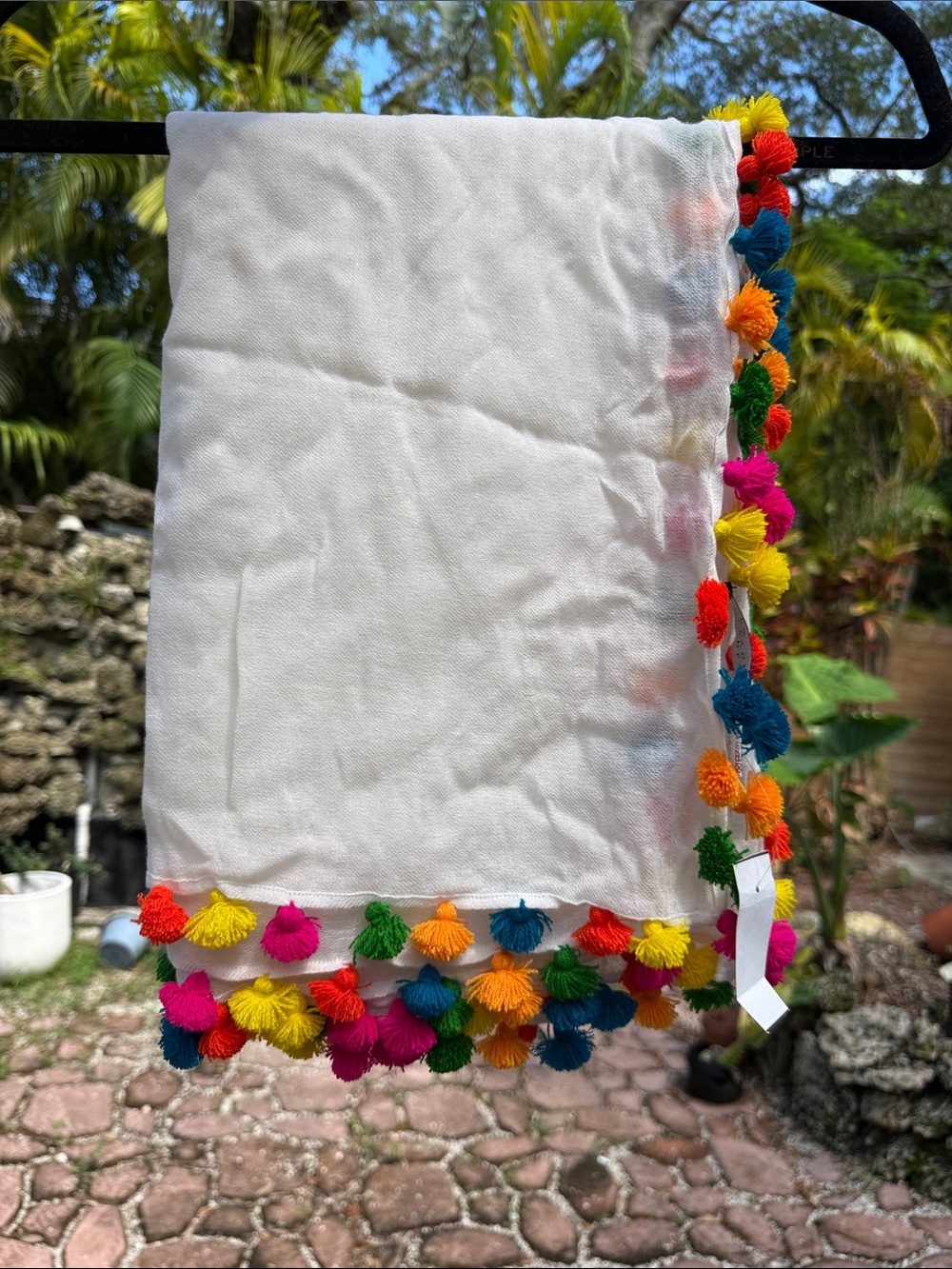 Barneys New York White Scarf with Multicolor Pom-Pom Trim NEW NWT